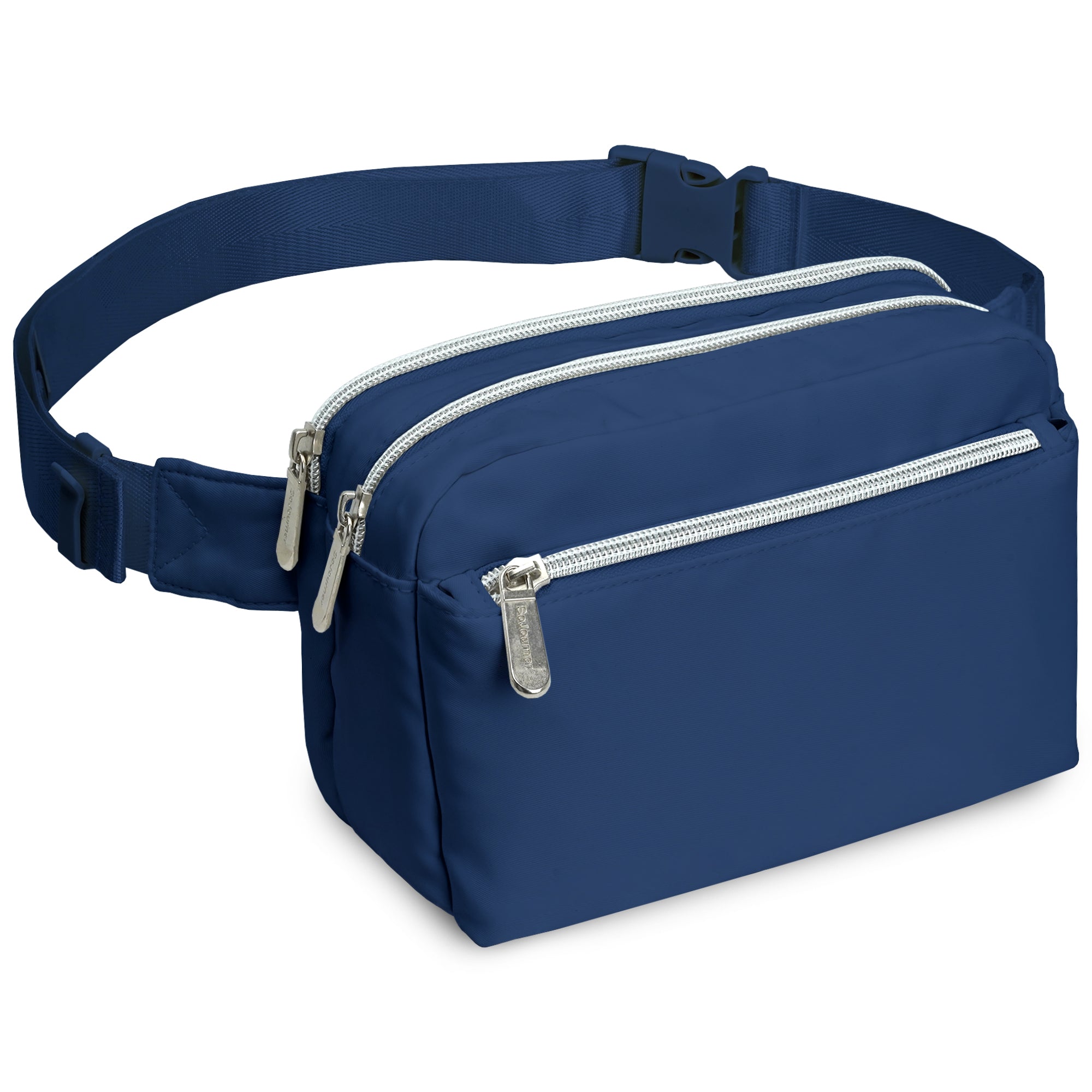 Fanny Pack (3 Pocket) in navy blue with three zippered pockets and adjustable strap for stylish rave outfits.