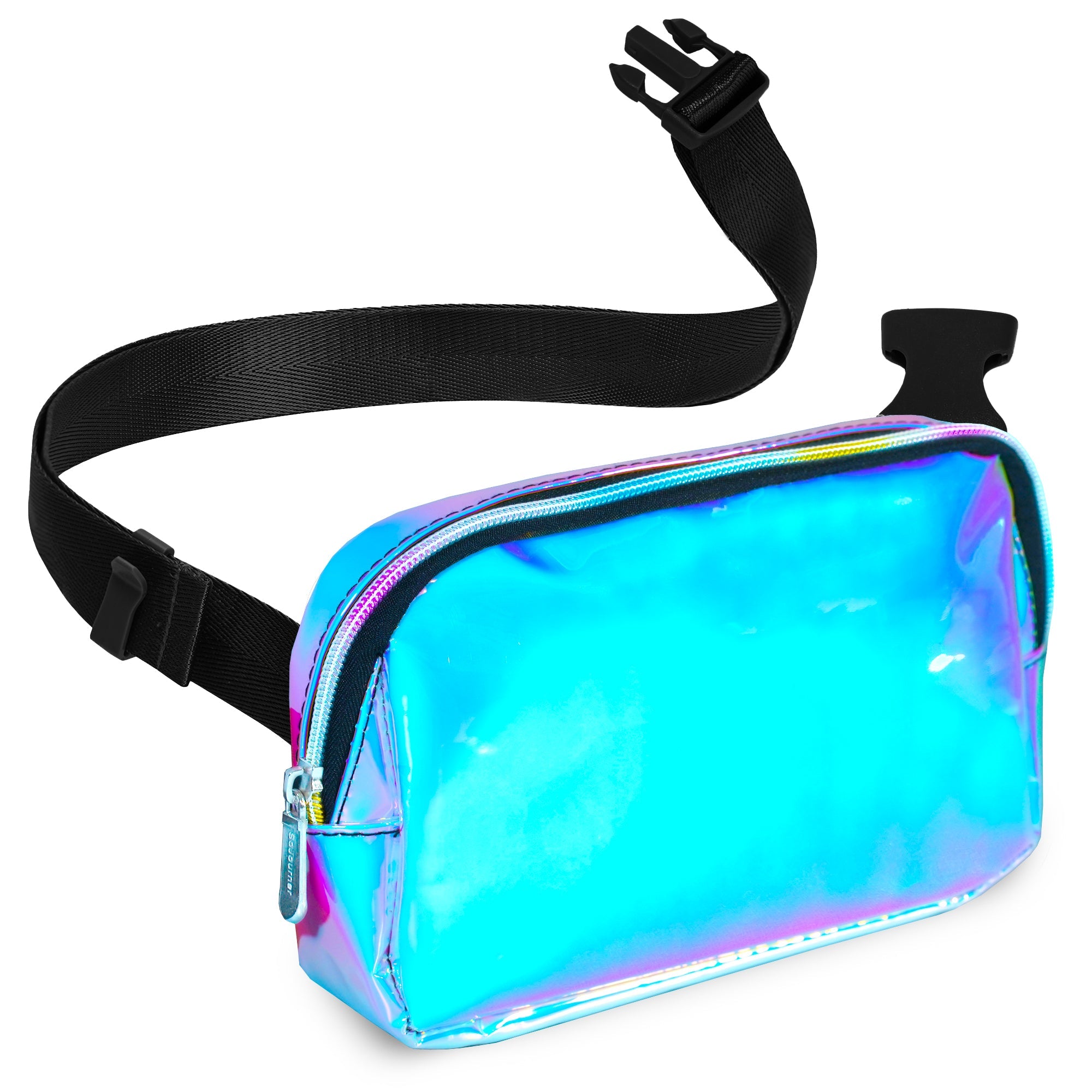 Fanny Pack (1 Pocket) in vibrant blue holographic design, ideal for stylish rave outfits with adjustable strap.