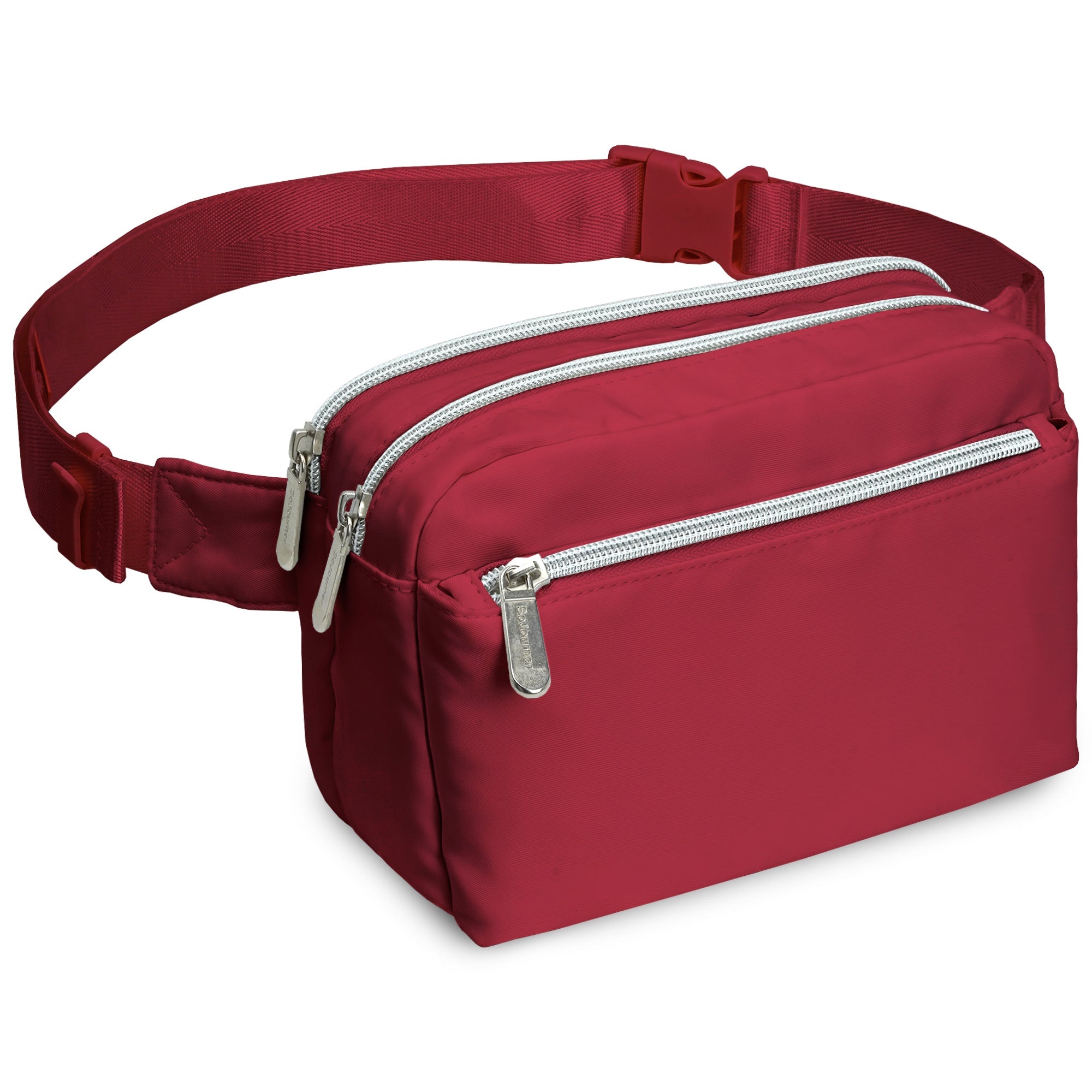 Fanny Pack (3 Pocket) in red with adjustable belt, featuring durable construction and multiple compartments for style and function.