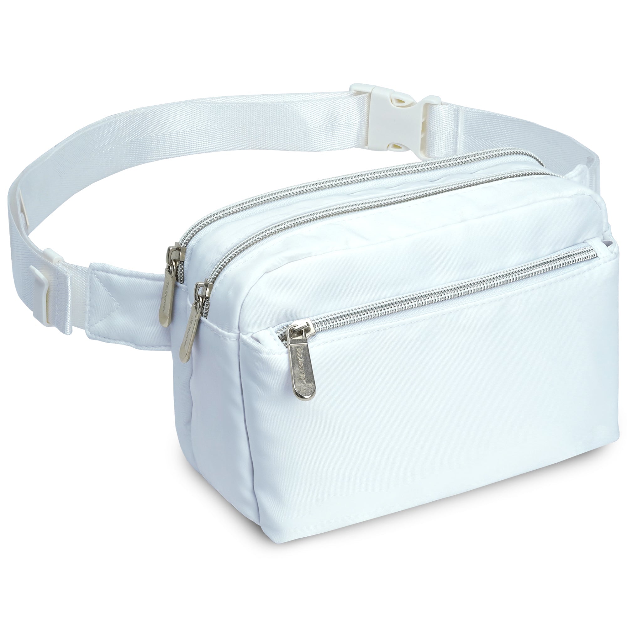 Fanny Pack (3 Pocket) in sleek white design, perfect for stylish rave outfits, featuring durable water-resistant fabric.