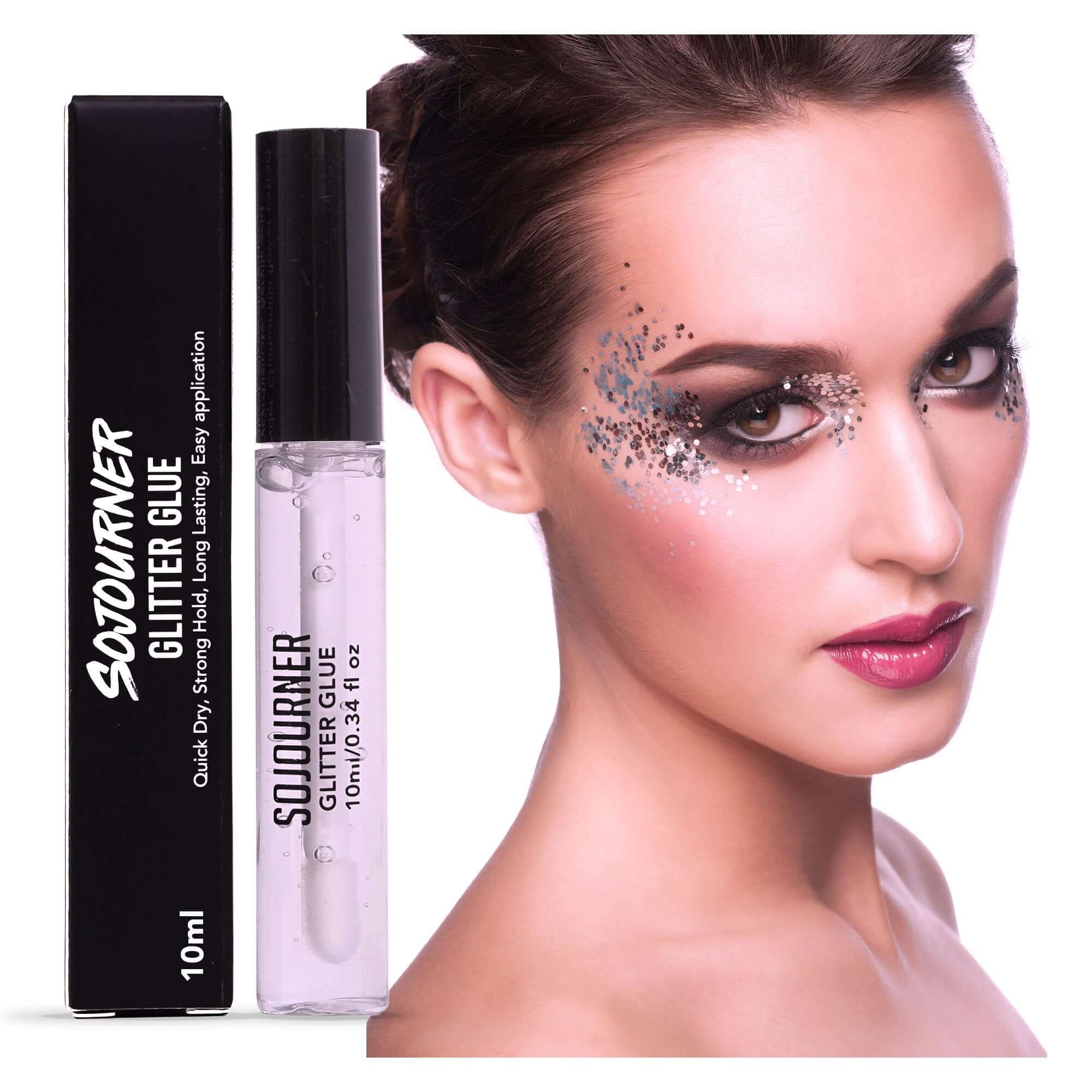 16 pack + 1 glitter glue Chunky Cosmetic Holographic Glitter | Body, Face & Hair Safe with model showcasing makeup.
