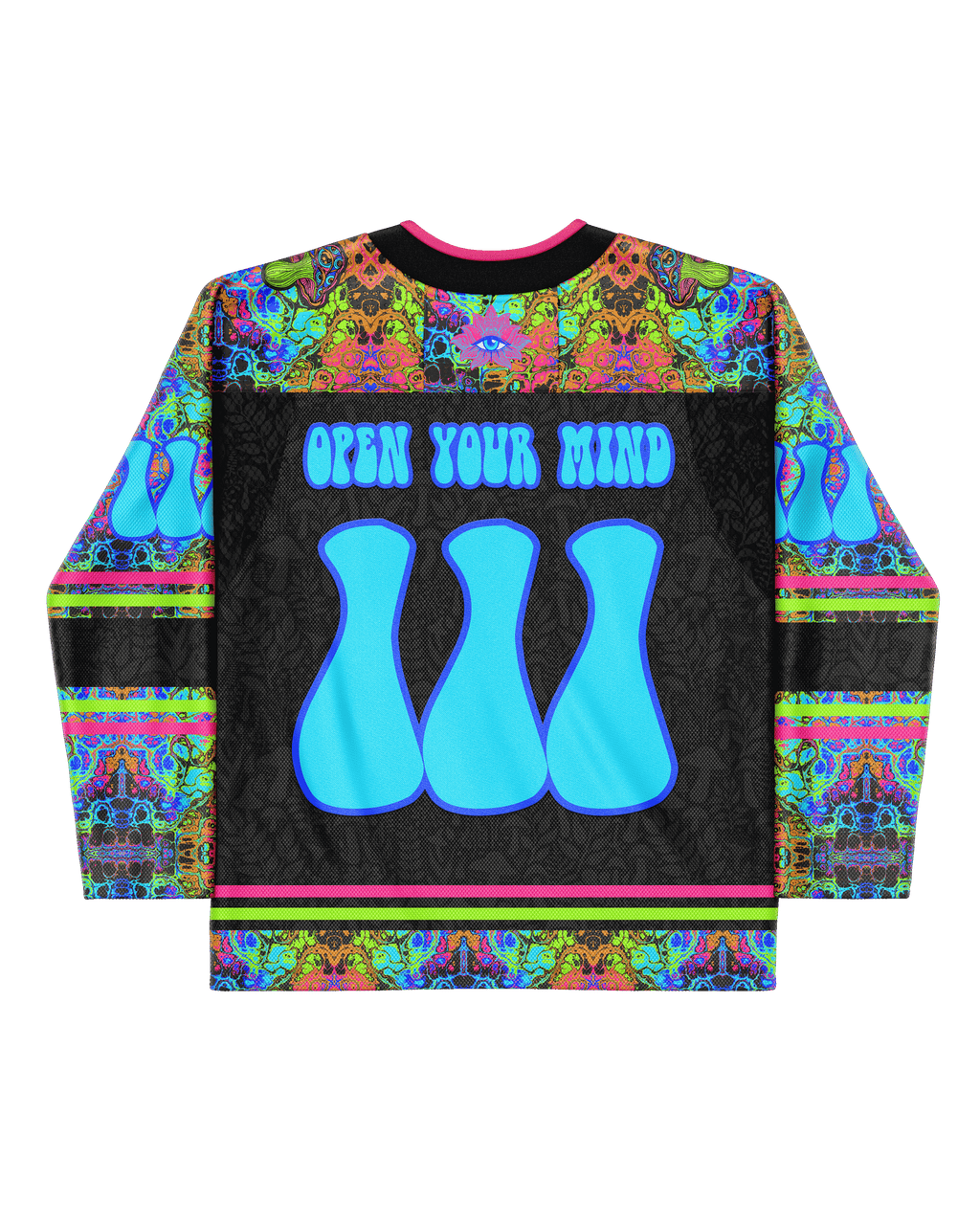 Lucidity Hockey Jersey featuring vibrant colors and 'Open Your Mind' design, perfect for rave outfits.
