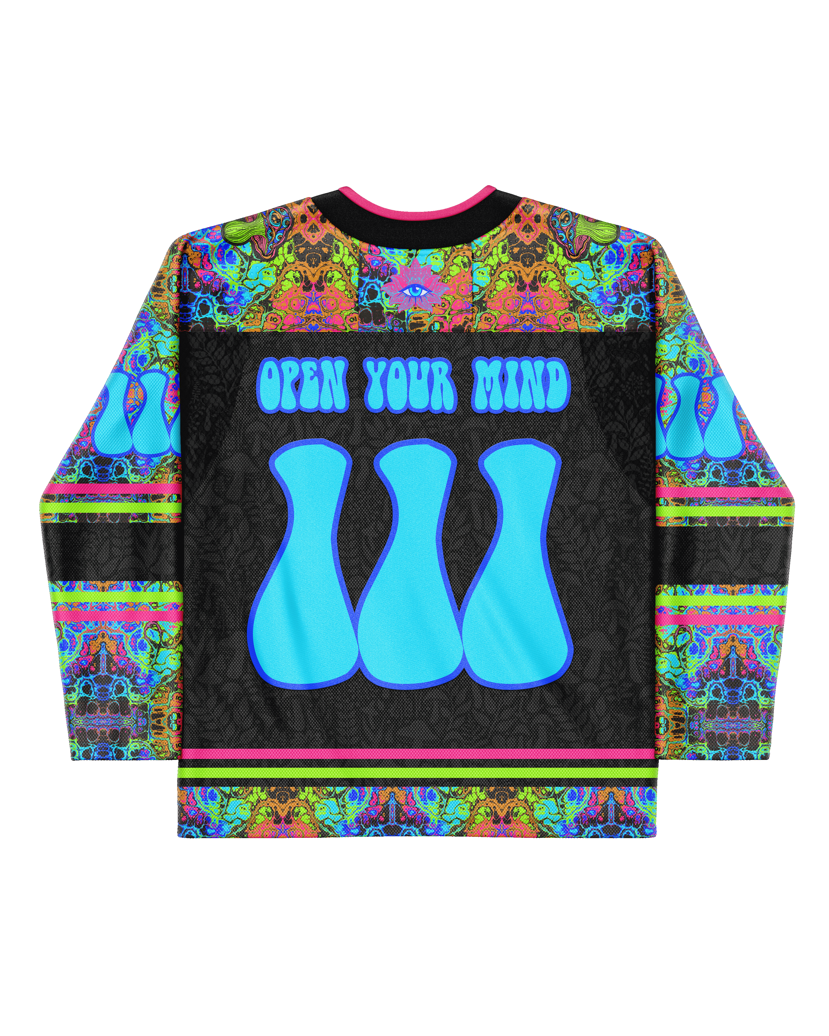 Lucidity Hockey Jersey featuring vibrant colors and 'Open Your Mind' design, perfect for rave outfits.