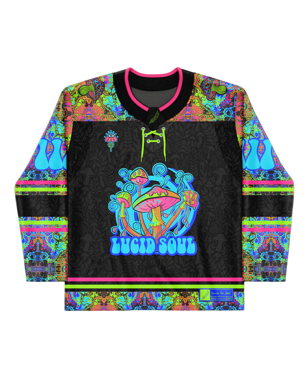 Lucidity Hockey Jersey featuring vibrant acid-wash print, perfect for rave outfits and unique fashion enthusiasts.