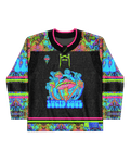 Lucidity Hockey Jersey featuring vibrant acid-wash print, perfect for rave outfits and unique fashion enthusiasts.