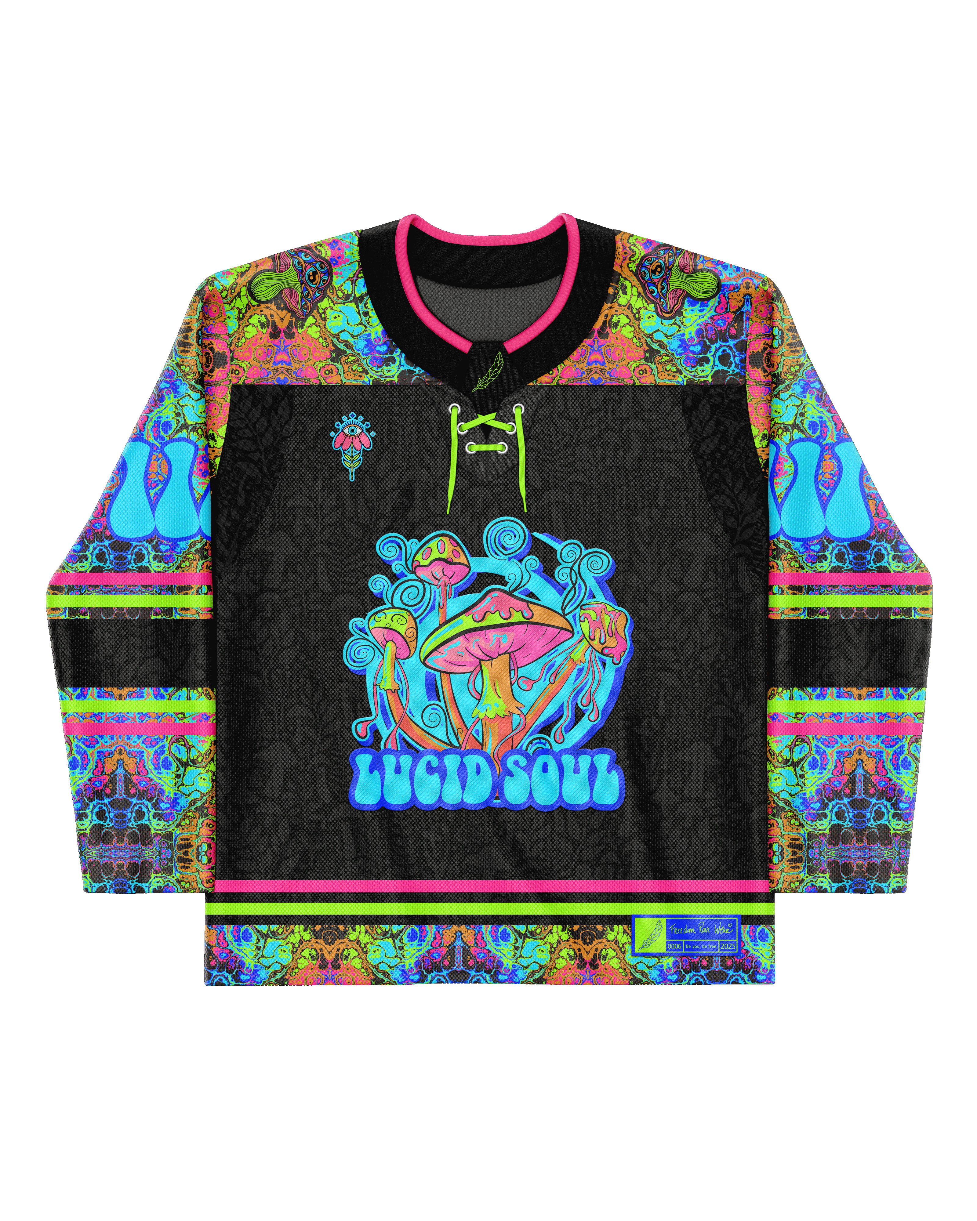 Lucidity Hockey Jersey featuring vibrant acid-wash print, perfect for rave outfits and unique fashion enthusiasts.