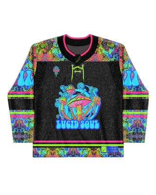 Lucidity Hockey Jersey featuring vibrant acid-wash print, perfect for rave outfits and unique fashion enthusiasts.