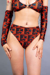 Model wearing the Labyrinth High Waisted Thong with stylish geometric patterns, perfect for rave outfits.