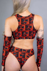 Red and black geometric Keyhole Top and matching bottoms, perfect for rave outfits and stylish summer events.