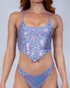Lavender Holo V Top showcasing a shimmery design, perfect for festival rave outfits, highlighting a flattering cut.