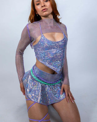 Lavender Holo V Top features shimmering fabric and lace-up details, perfect for stylish rave outfits.