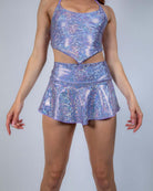 Lavender Holo Micro Skater Skirt – front-facing view with arms down, shimmer holographic fabric perfect for raves and festivals