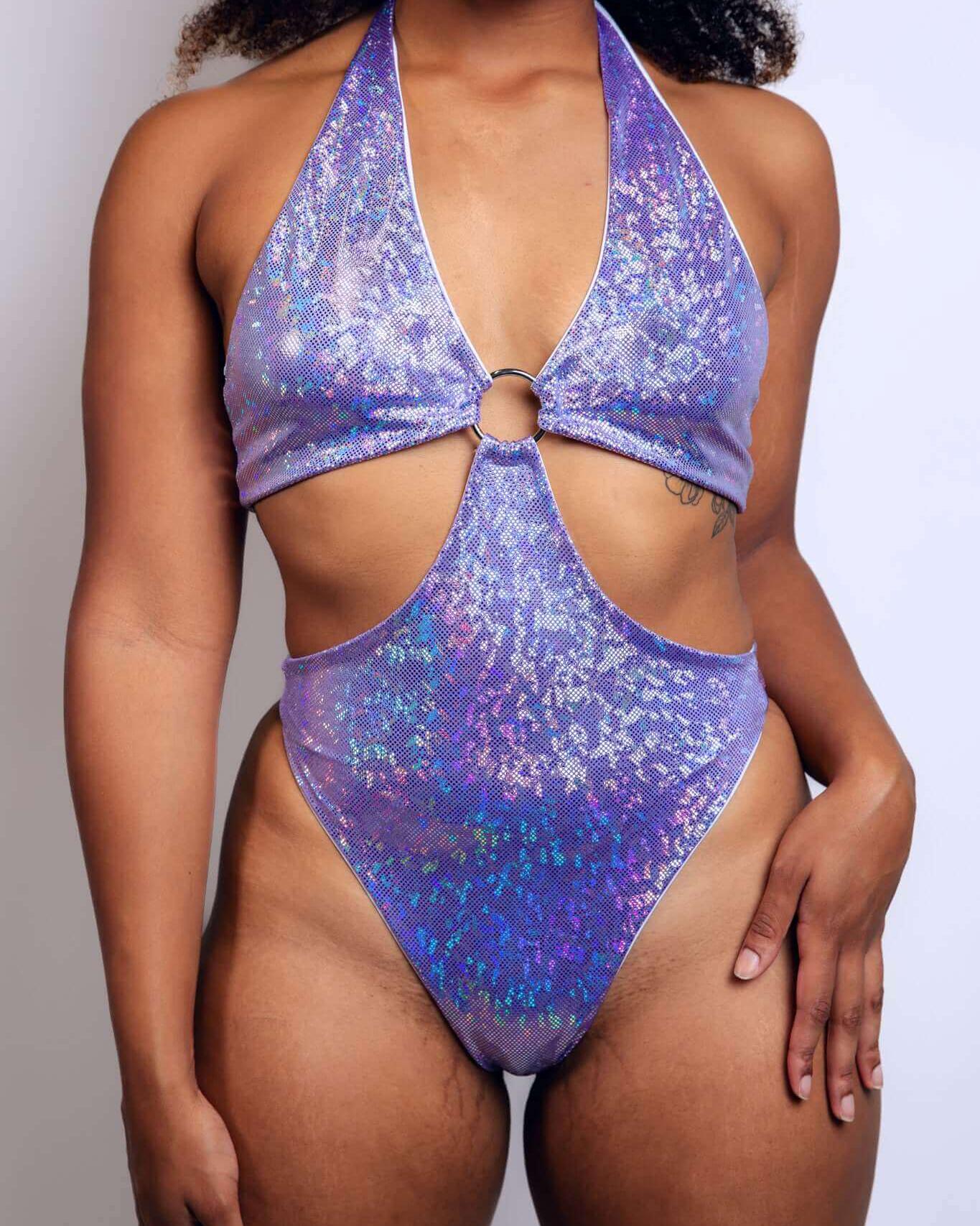 Lavender Holo O-Ring Bodysuit showcasing a unique, sparkly design perfect for rave outfits.