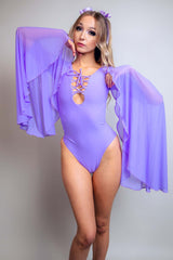 Freedom Rave Wear's Lavender Goddess bodysuit with flowy mesh sleeves and criss-cross front detailing, ideal for standout festival fashion
