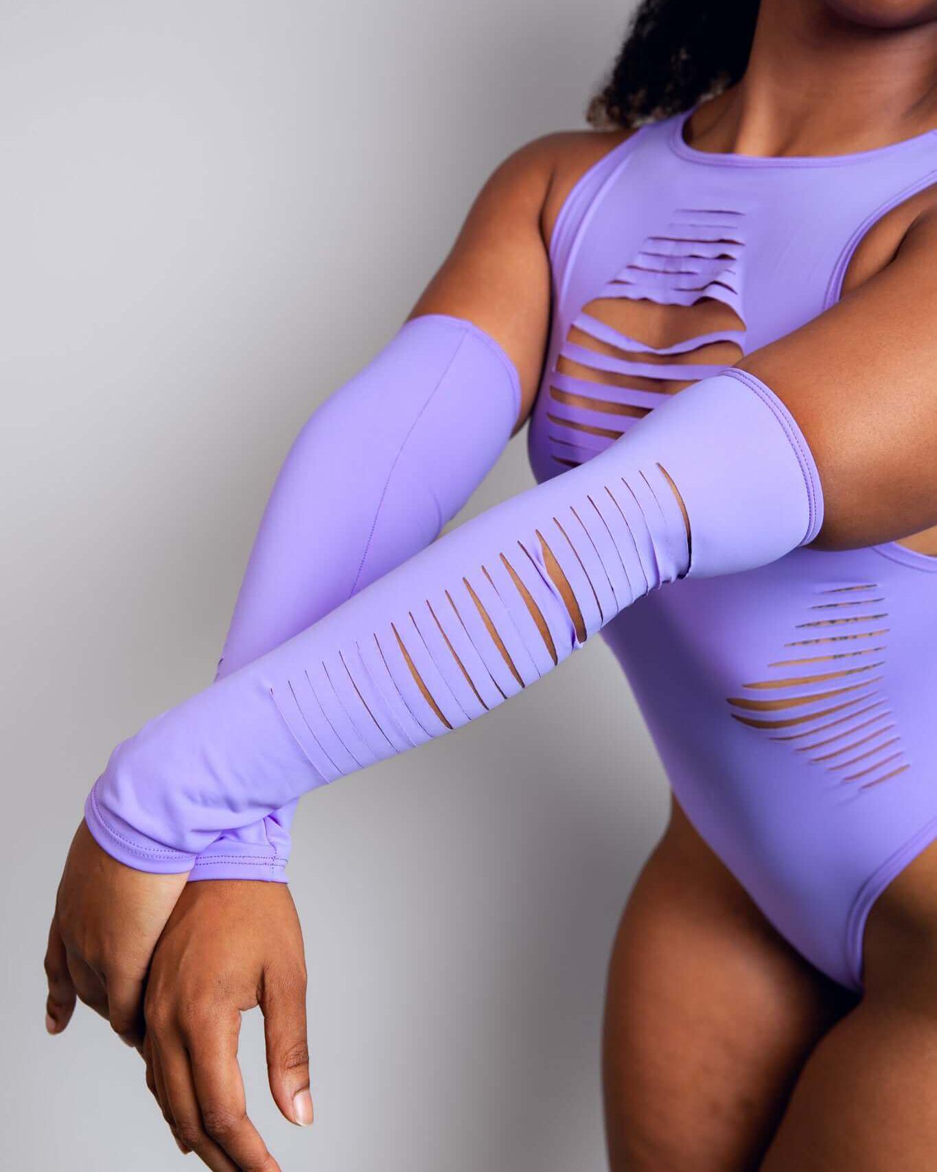 Lavender slit arm sleeves showcased on model, perfect for rave outfits and festival wear.