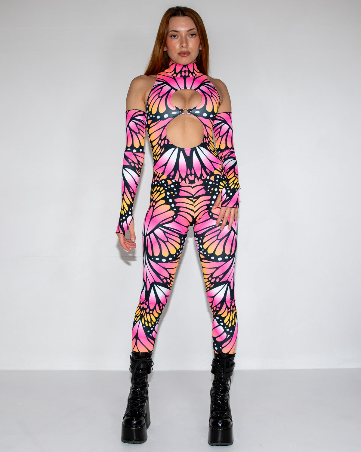 Limited Edition Monarch Cold Shoulder Jumpsuit - rave bodysuit - front view - Freedom Rave Wear