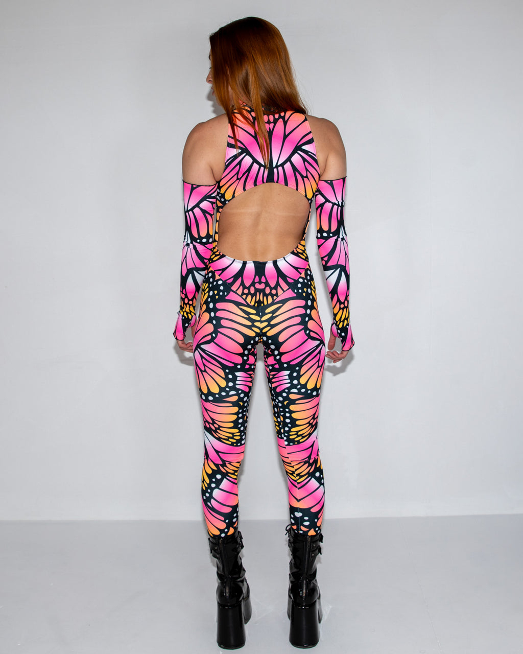 Limited Edition Monarch Cold Shoulder Jumpsuit - rave bodysuit - detail view - EDM clothing