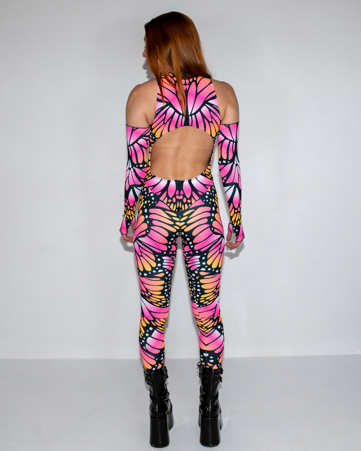 Limited Edition Monarch Cold Shoulder Jumpsuit - rave bodysuit - detail view - EDM clothing
