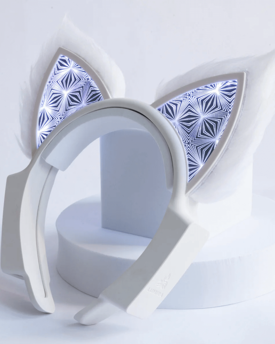 Close-up of Lumira Infinity Mirror Cat Ears featuring intricate LED light patterns and futuristic styling.