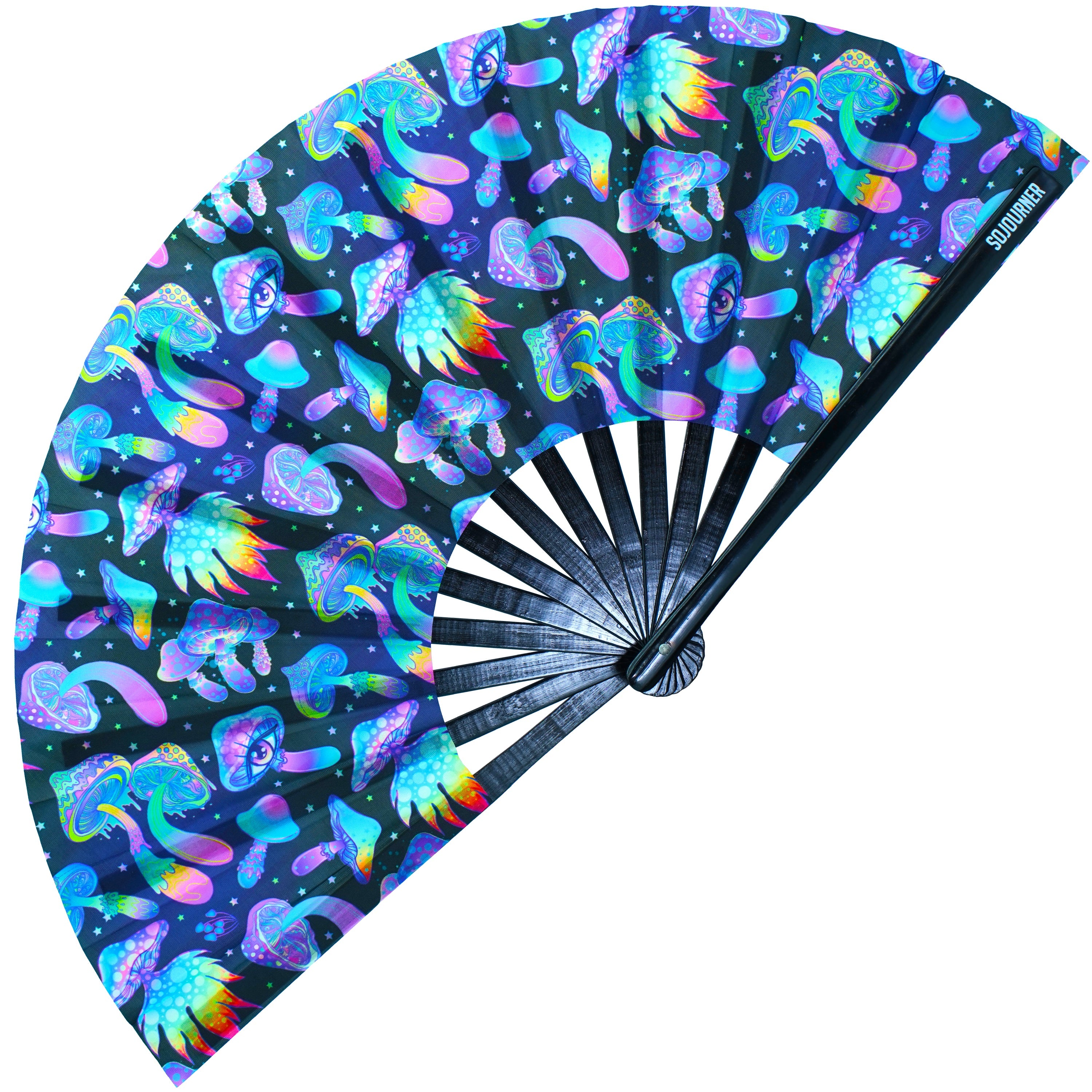 Colorful Festival Fans featuring vibrant designs, perfect for rave outfits and drag queen performances.