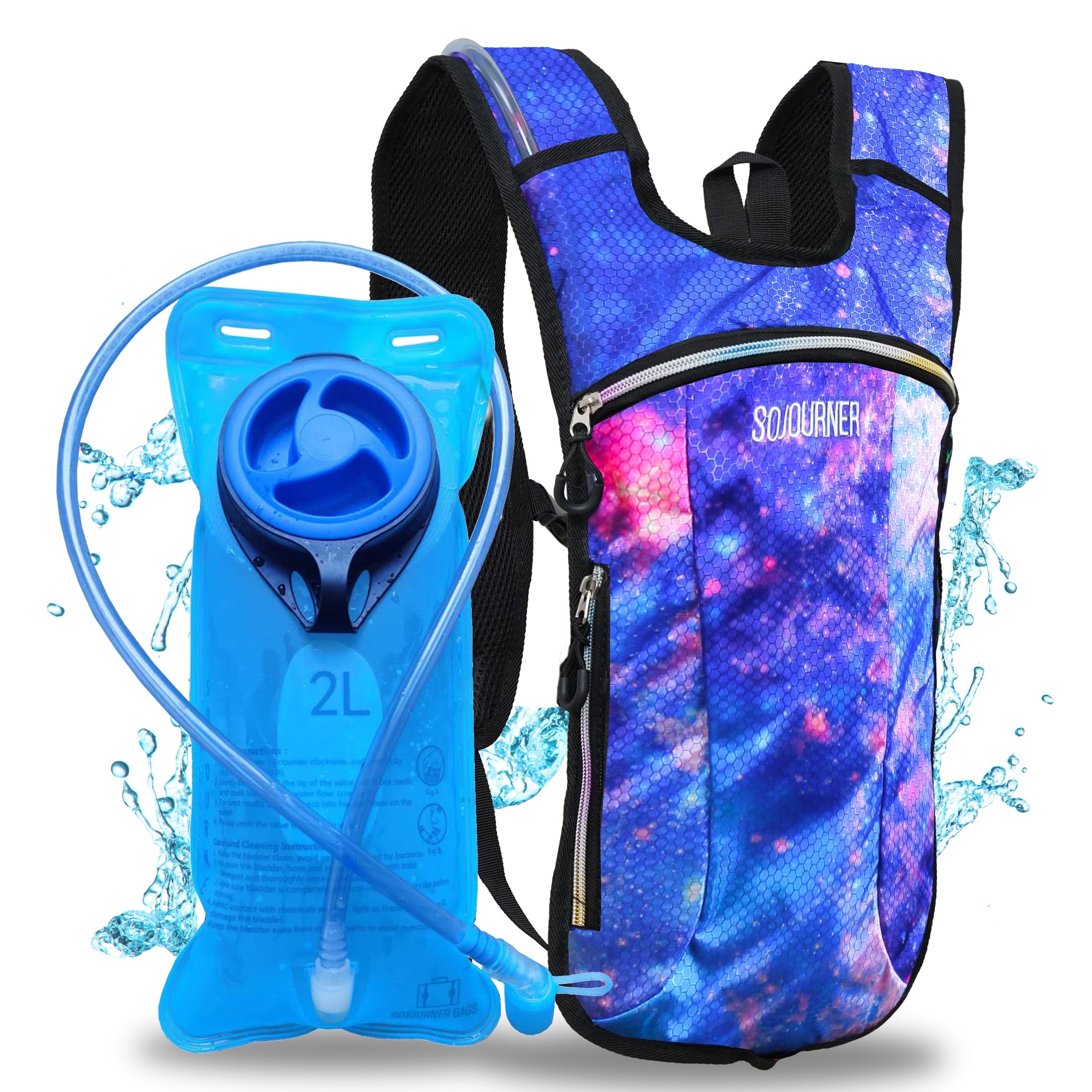 Hydration Pack Backpack (Small) with 2L hydration bladder and colorful design, perfect for rave outfits and outdoor activities.