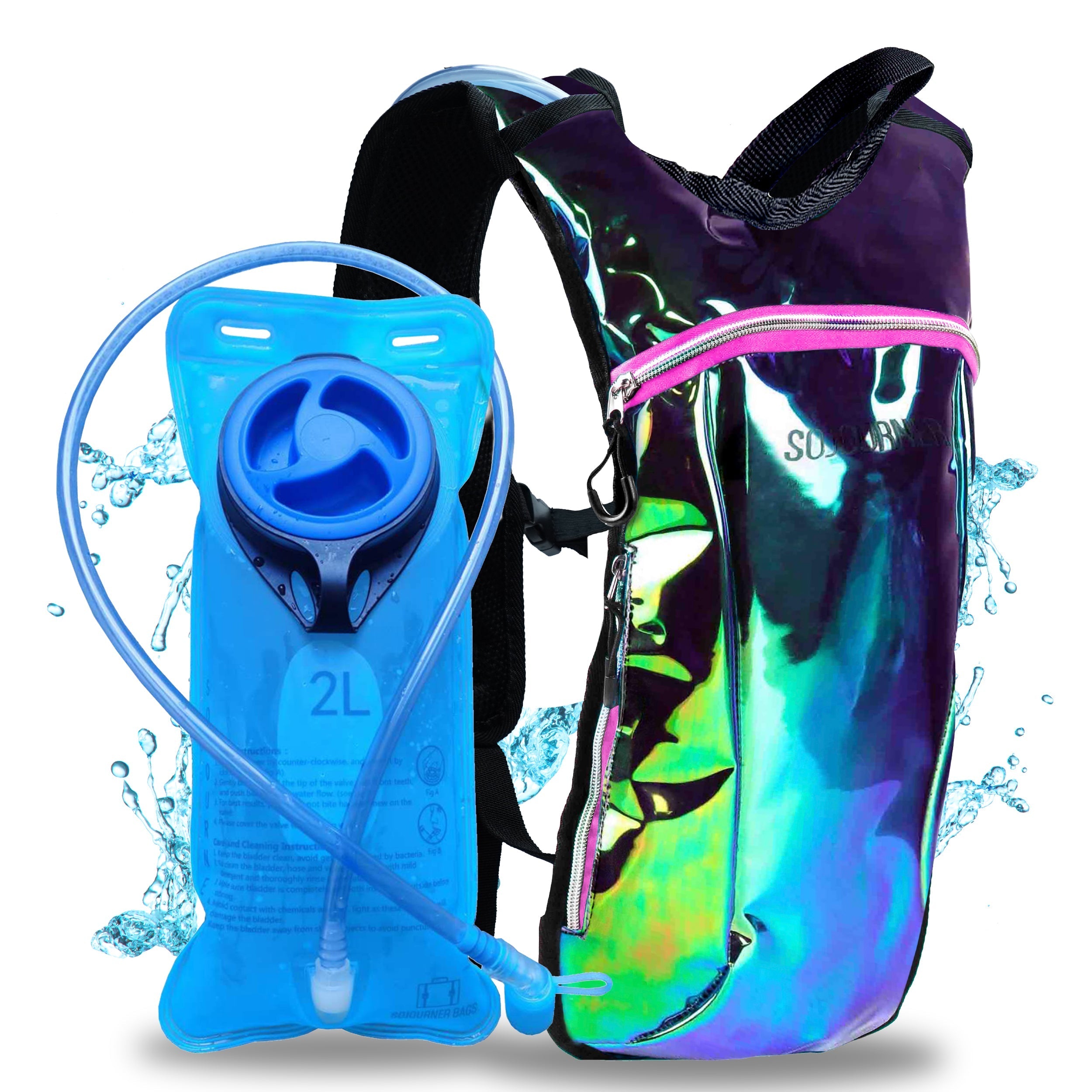 Hydration Pack Backpack (Small) with 2L PVC and BPA Free bladder, ideal for rave outfits and outdoor hydration needs.