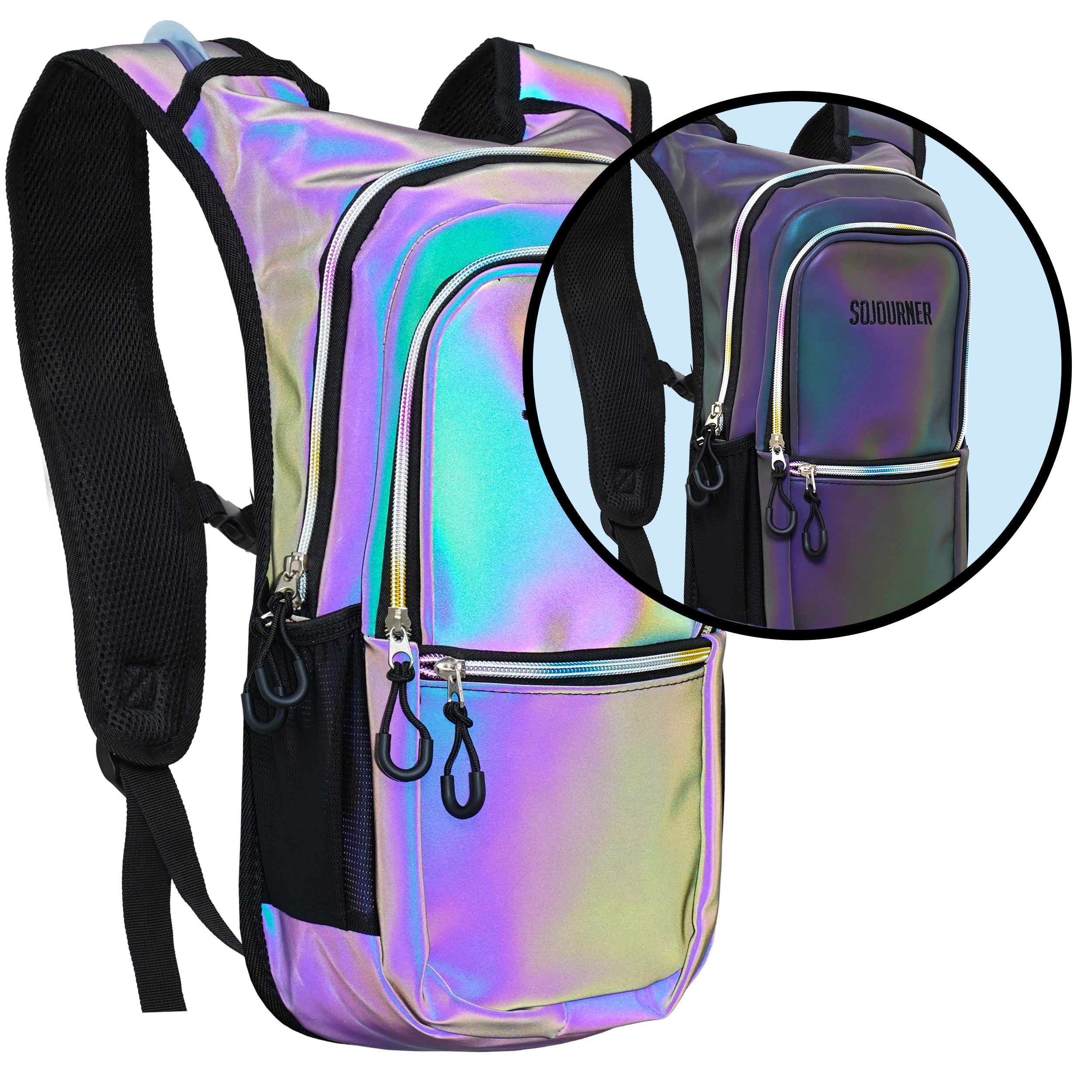 Hydration Pack Backpack (Medium) in iridescent finish with adjustable straps for comfortable carry, ideal for rave outfits.