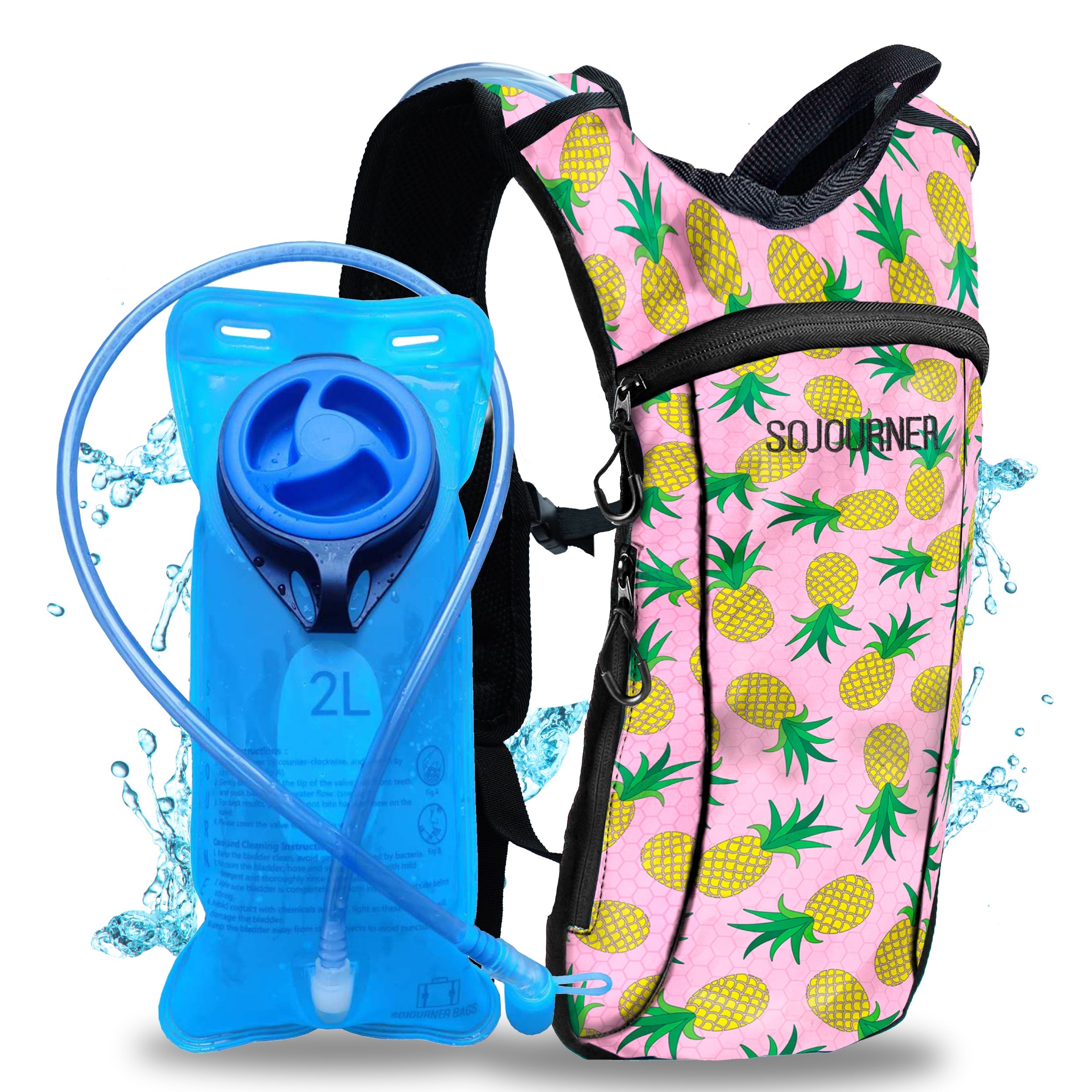 Hydration Pack Backpack (Small) with pineapple design and 2L BPA-free bladder.