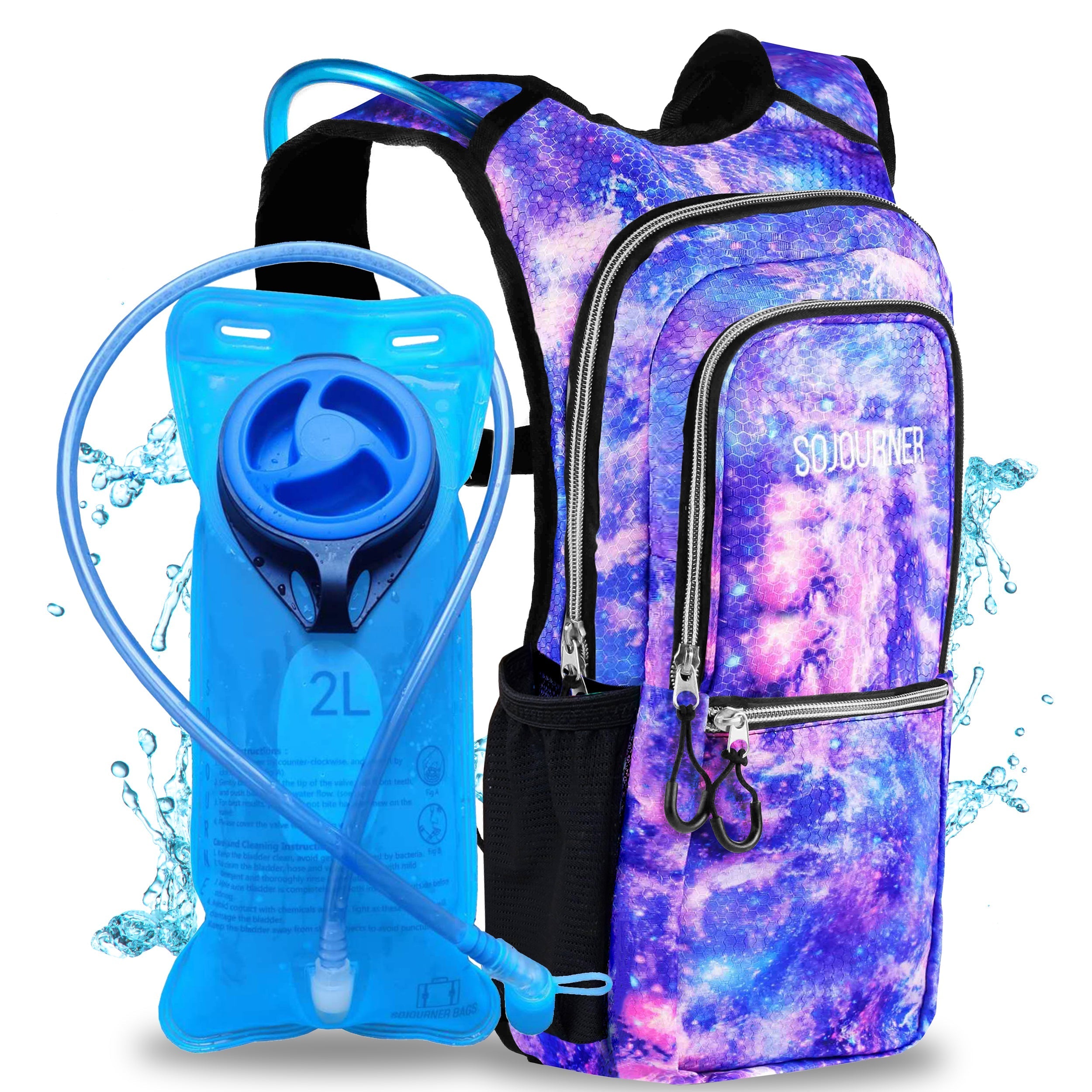 Hydration Pack Backpack (Medium) with 2L BPA-free bladder in a vibrant galaxy design, perfect for rave outfits.