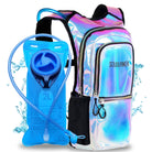 Hydration Pack Backpack (Medium) with 2L bladder and holographic design for rave outfits and adventurous activities.