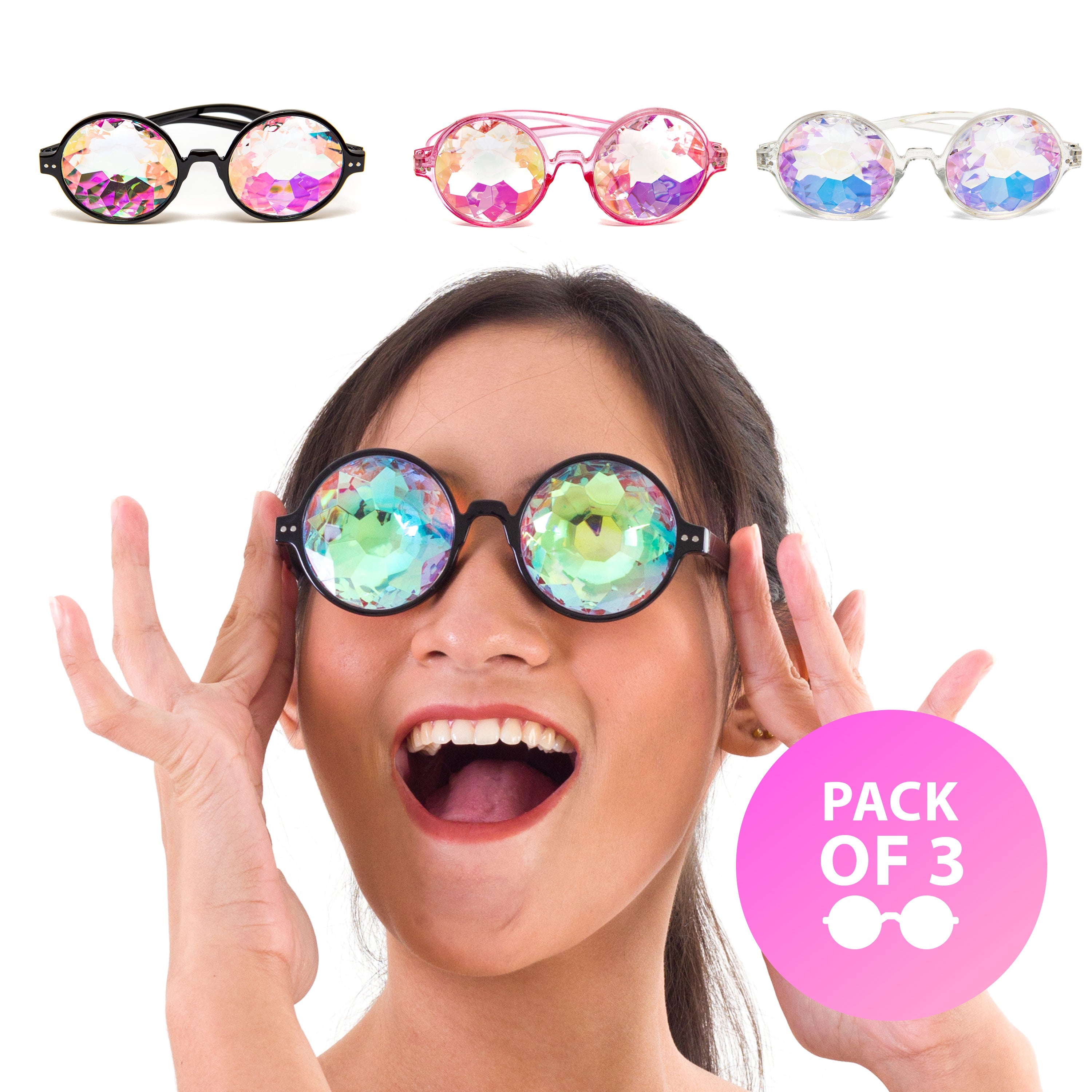 Steampunk Goggles and Kaleidoscope Glasses in a pack of three colorful options, perfect for rave outfits and cosplay.