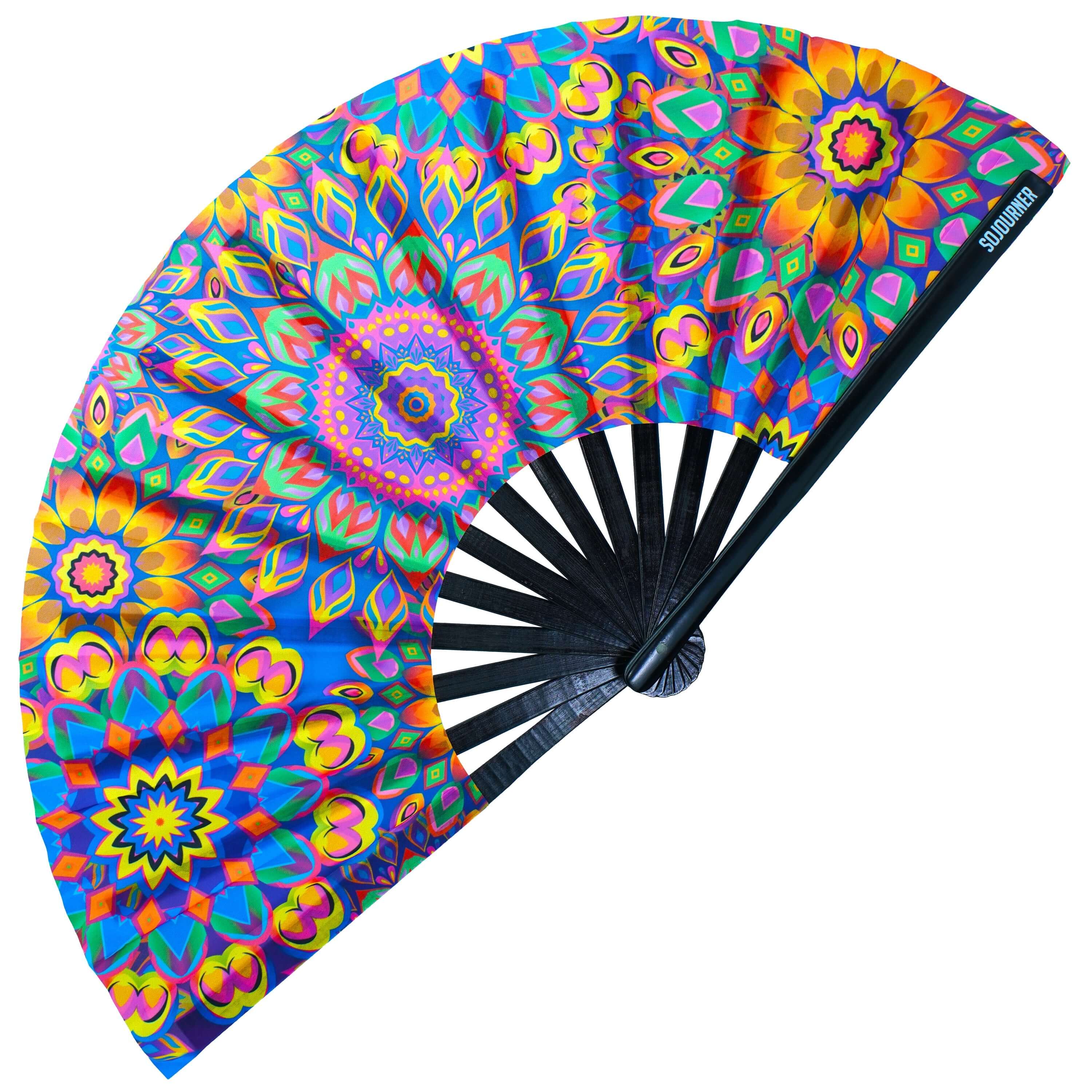 Colorful Festival Fans with intricate designs, perfect for rave outfits and outdoor festivals.