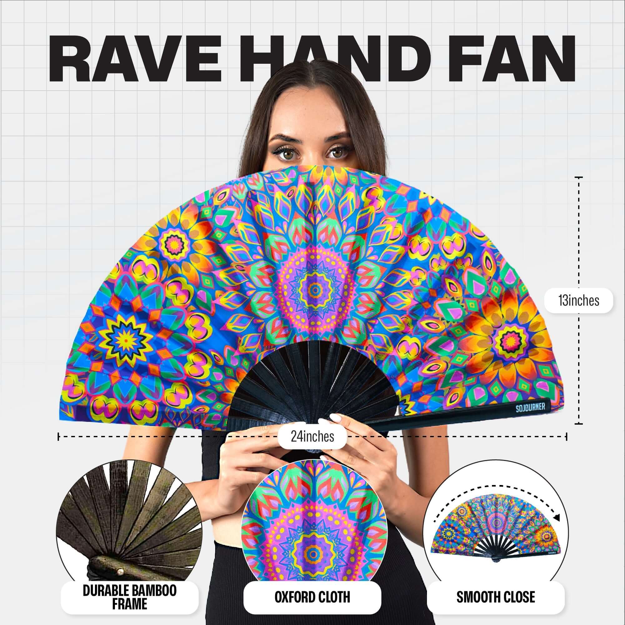 Bright and colorful Festival Fans with a durable bamboo frame, perfect for rave outfits and summer events.