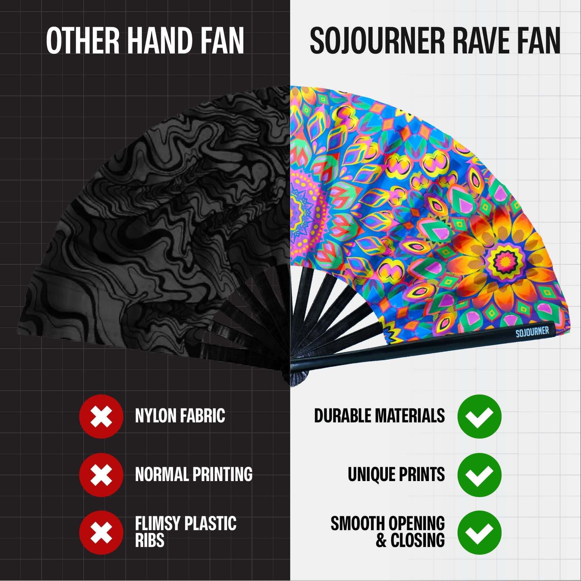 Comparison of SoJourner Festival Fans with durable materials and unique prints against a standard hand fan.