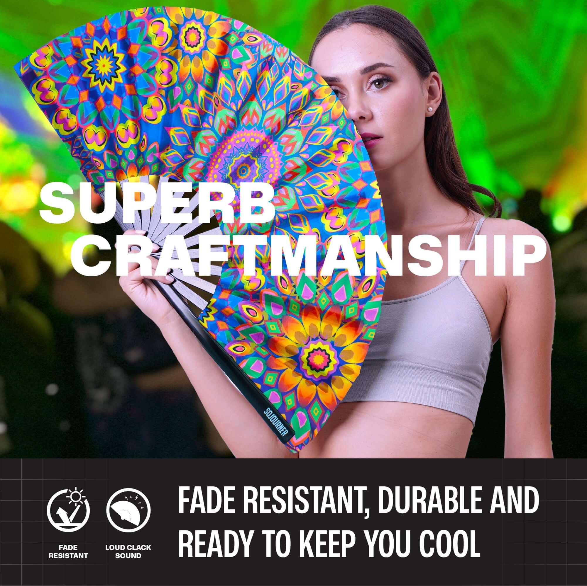 Festival Fans with vibrant design, perfect for raves and parties, showcasing superb craftsmanship and durability.