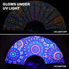 Festival Fans glowing under UV light, showcasing vibrant patterns perfect for raves and parties.