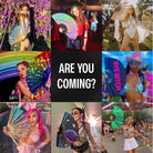 Collage of vibrant Festival Fans being used by diverse women at festivals, showcasing rave outfits and cute accessories.