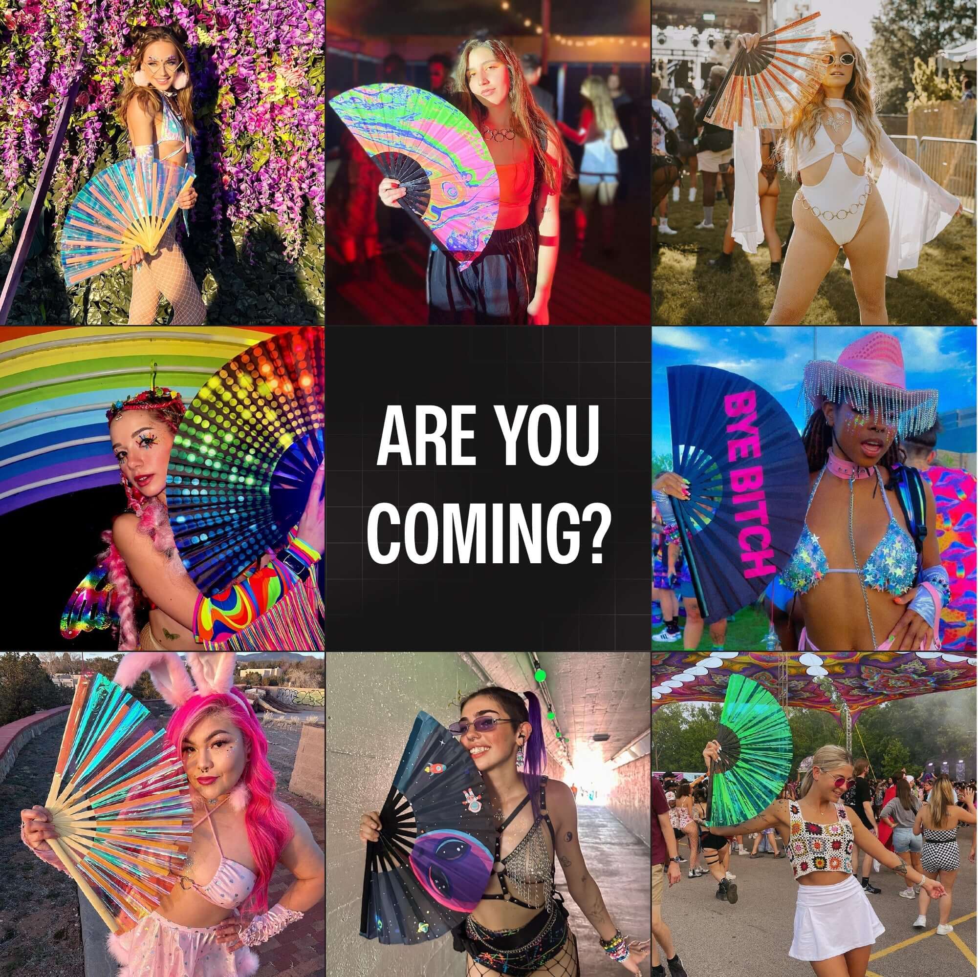 Collage of vibrant Festival Fans being used by diverse women at festivals, showcasing rave outfits and cute accessories.