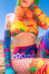 Freedom Rave Wear teaser top paired with a high-waisted thong, featuring vivid rainbow patterns for a striking rave ensemble