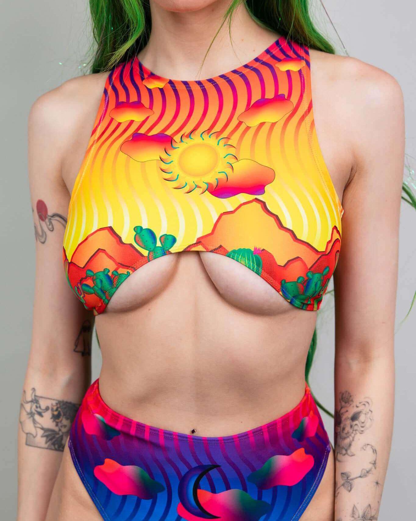 Mirage Teaser Top in vibrant sunset design, featuring underboob cut and racerback, perfect for rave outfits.