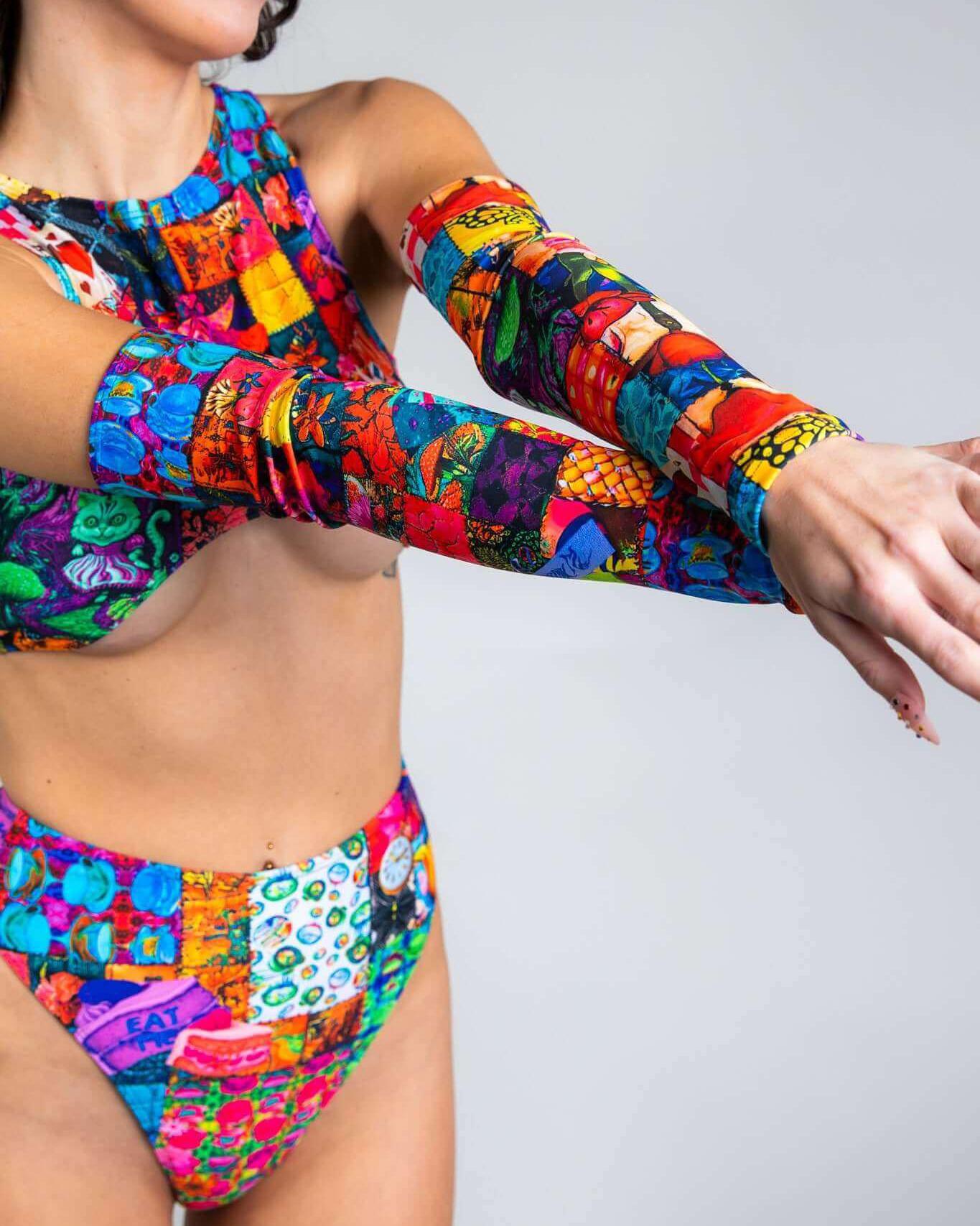 Colorful Madness Arm Sleeves worn with vibrant rave outfit, showcasing bold patterns and handmade design.