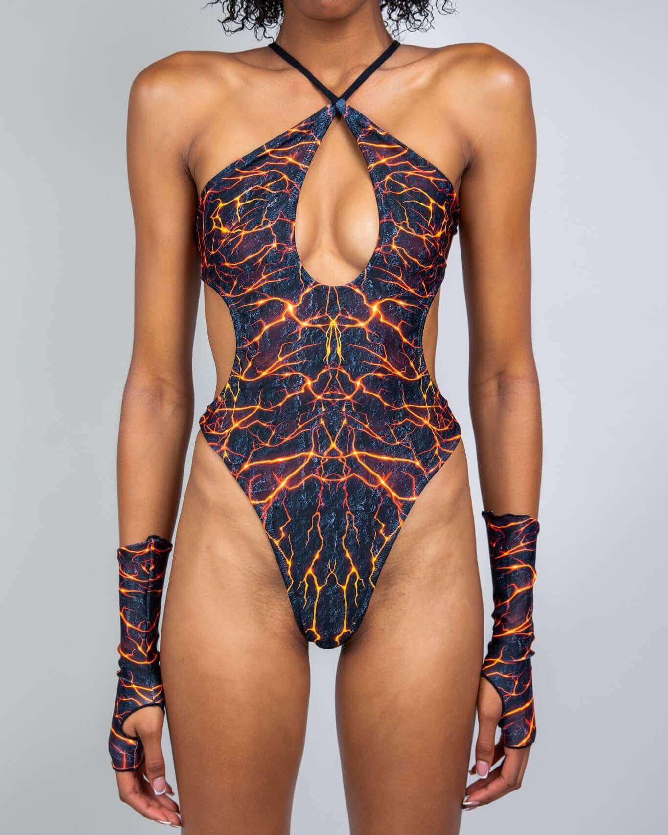 Magma Halo Bodysuit featuring fiery print, high-hip cut, and keyhole detail, perfect for rave outfits and beach parties.