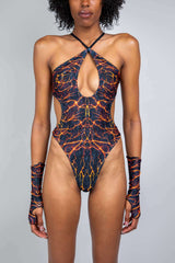 Magma Halo Bodysuit featuring fiery print, high-hip cut, and keyhole detail, perfect for rave outfits and beach parties.