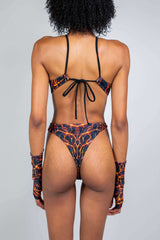 Back view of the Magma Halo Bodysuit showcasing high-hip cutout design and adjustable straps, perfect for rave outfits.