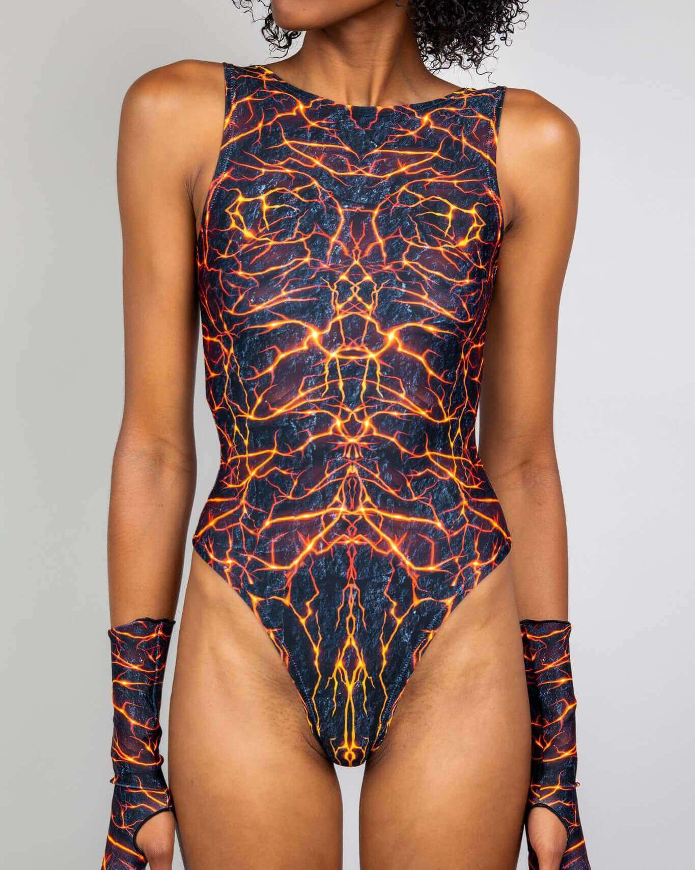 Magma High Neck Bodysuit with an abstract fiery design, featuring high hip cut and matching long sleeves, perfect for rave outfits.