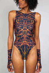 Magma High Neck Bodysuit with an abstract fiery design, featuring high hip cut and matching long sleeves, perfect for rave outfits.