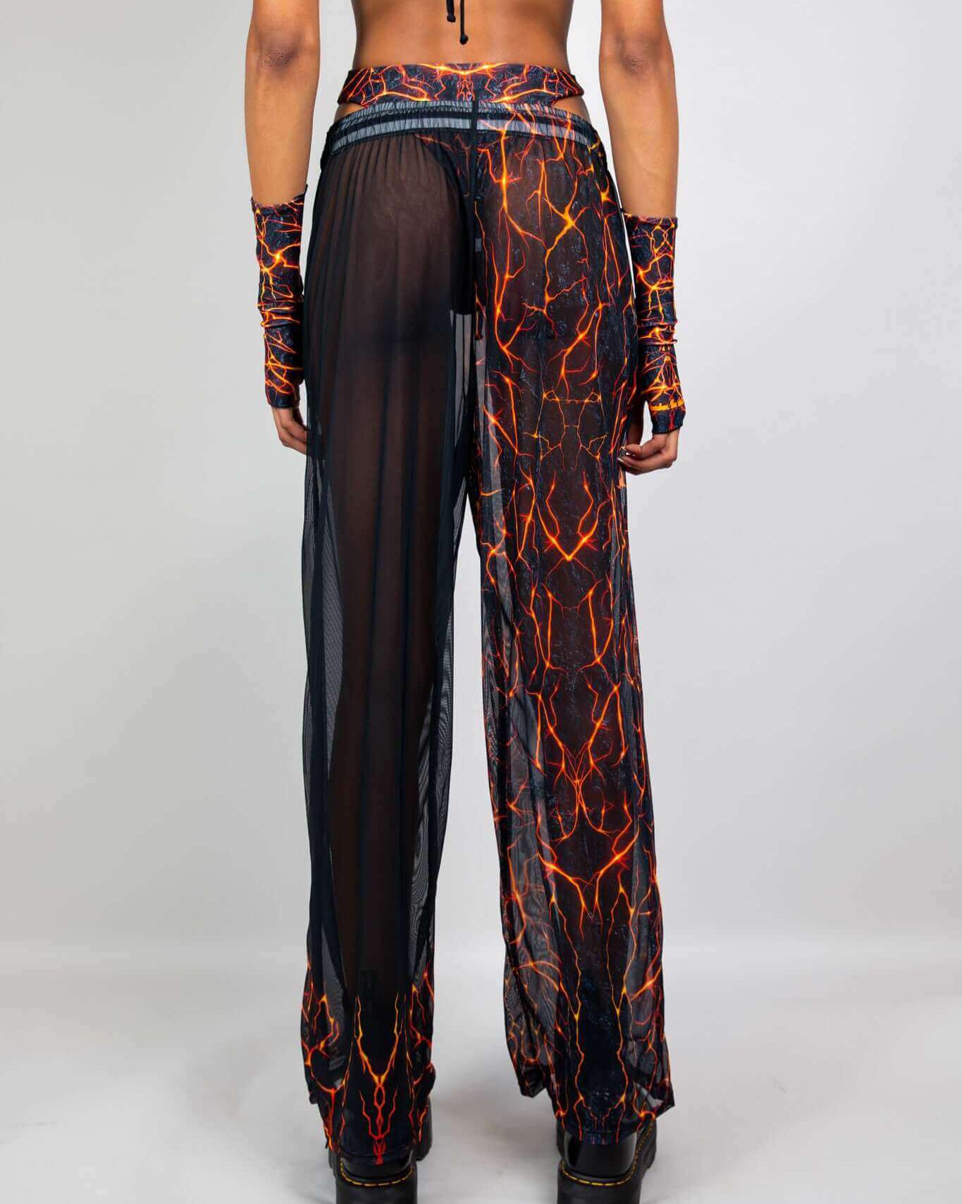 Magma Mesh Lucy Pants with lava print, back view showcasing breathable mesh fabric and wide-leg design, perfect for rave outfits.