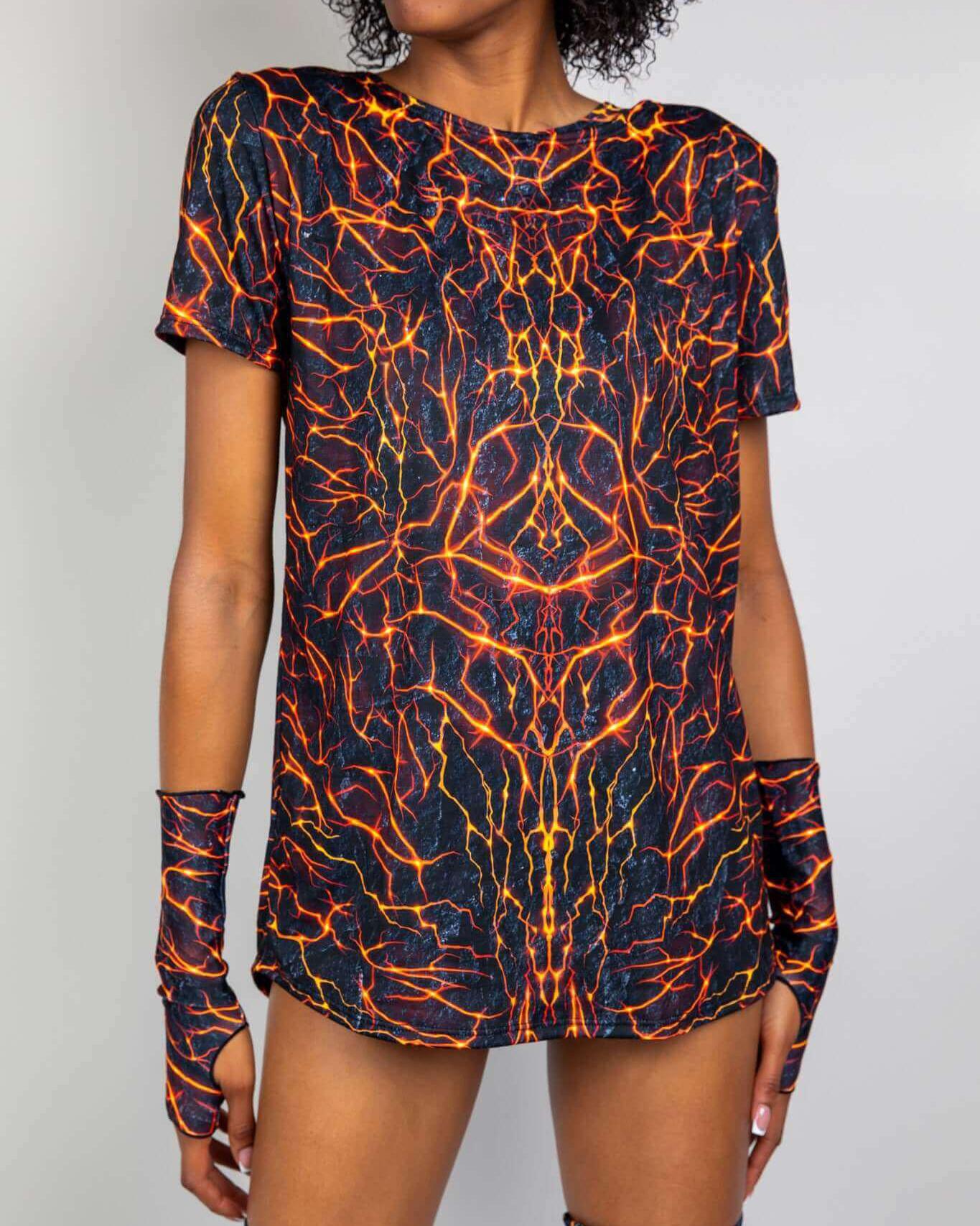 Magma Unisex T-Shirt featuring a bold lava rave design, perfect for standout rave outfits.