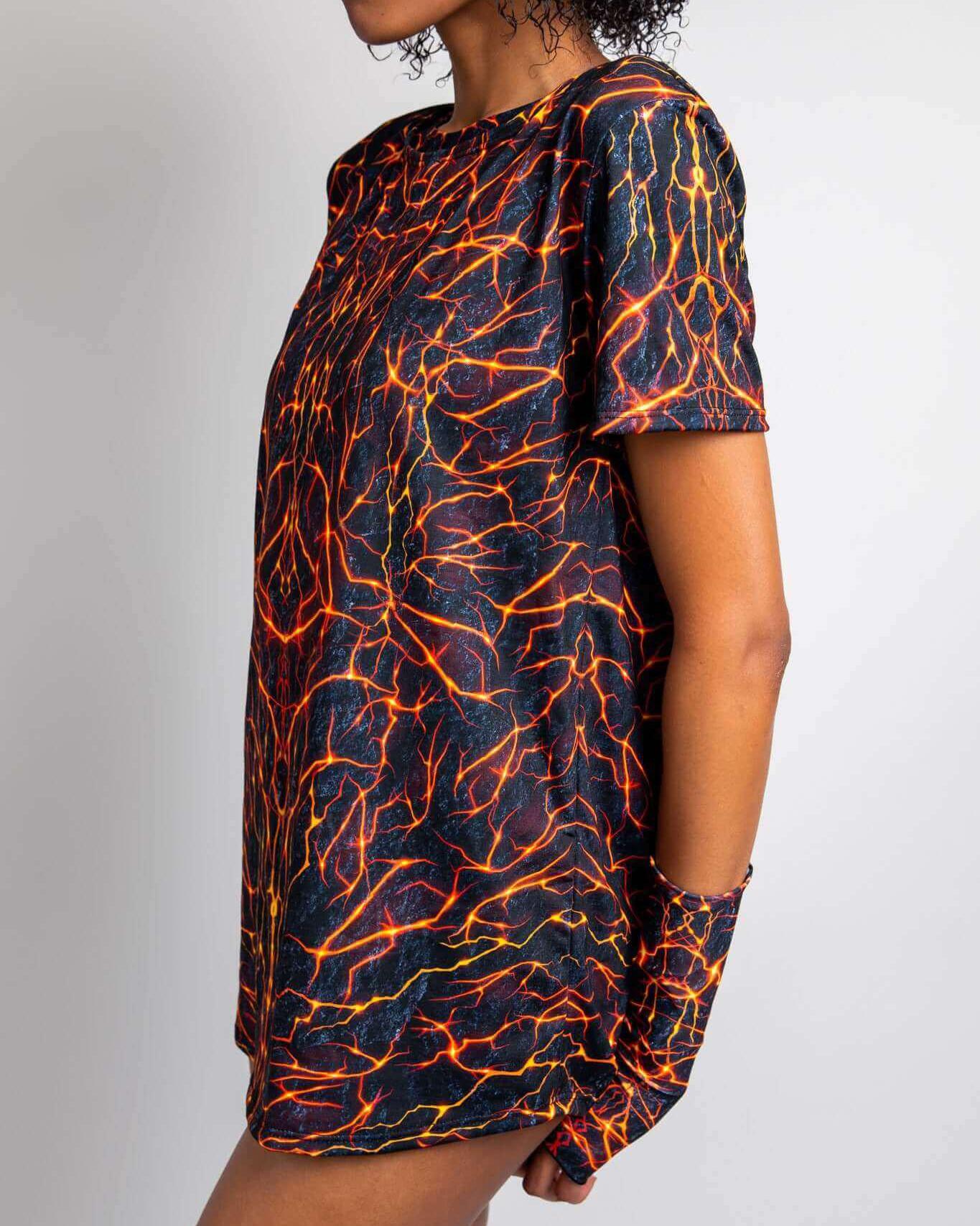 Magma Unisex T-Shirt featuring a lava rave design, perfect for unique rave outfits and parties.