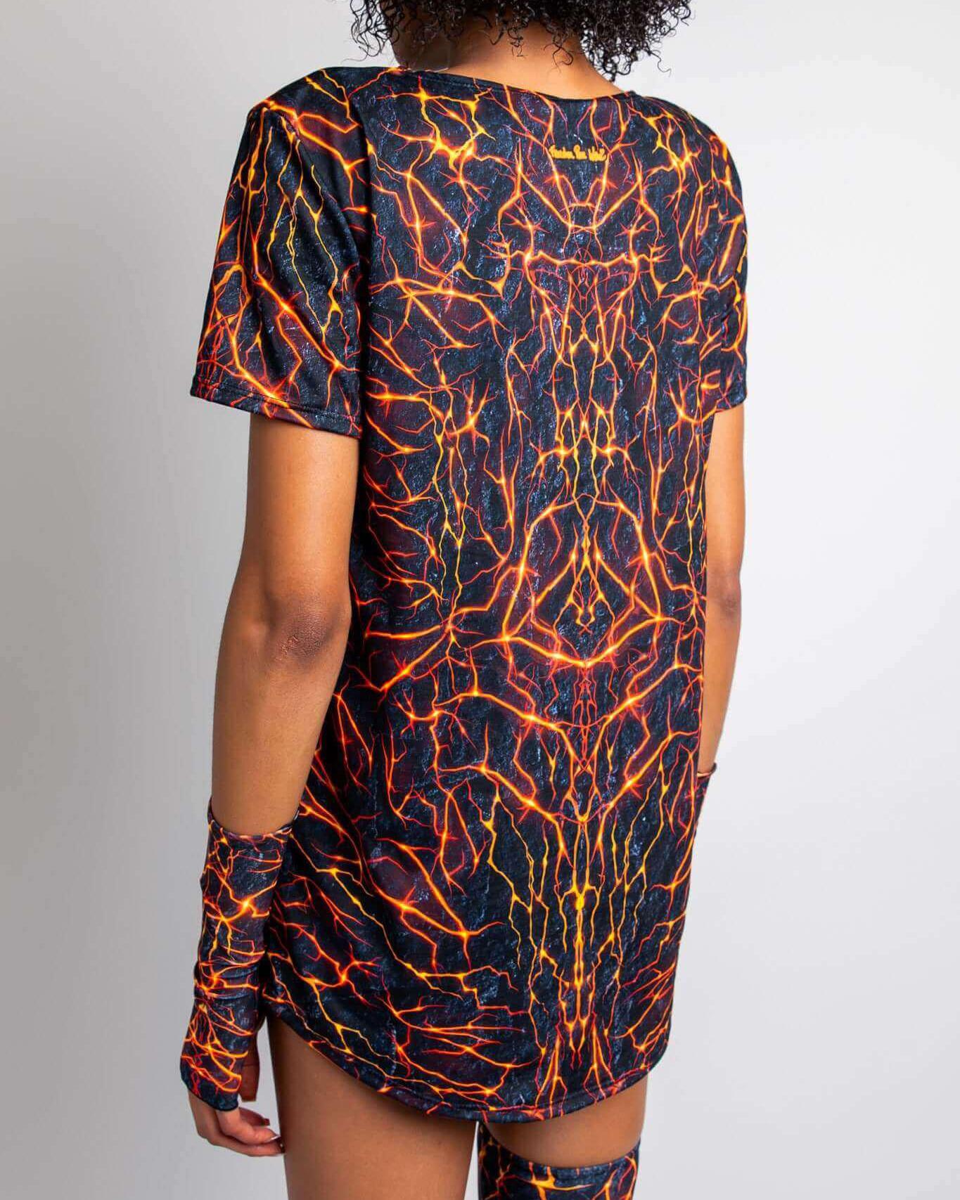 Magma Unisex T-Shirt showcasing vibrant lava design, perfect for rave outfits and dance floor fun.